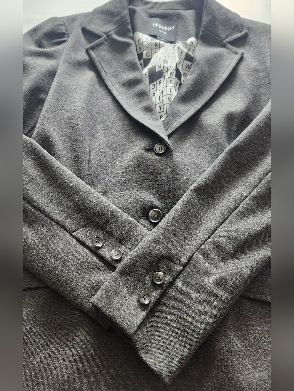 Insight New York Charcoal Blazer With Crossword Pattern Lining Size 10 - Picture 5 of 11